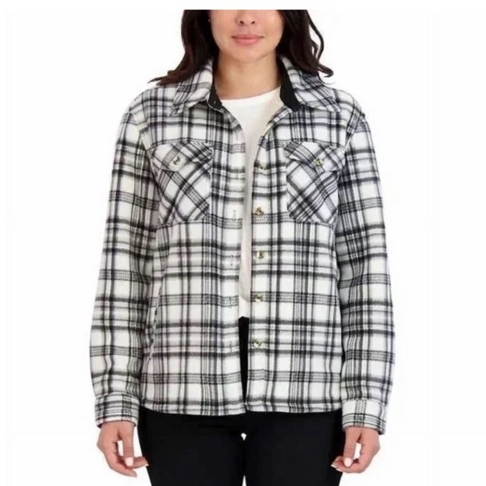 Sage Women's Plaid Super Plush Sherpa Lined Fleece Shirt Jacket (White, Small)